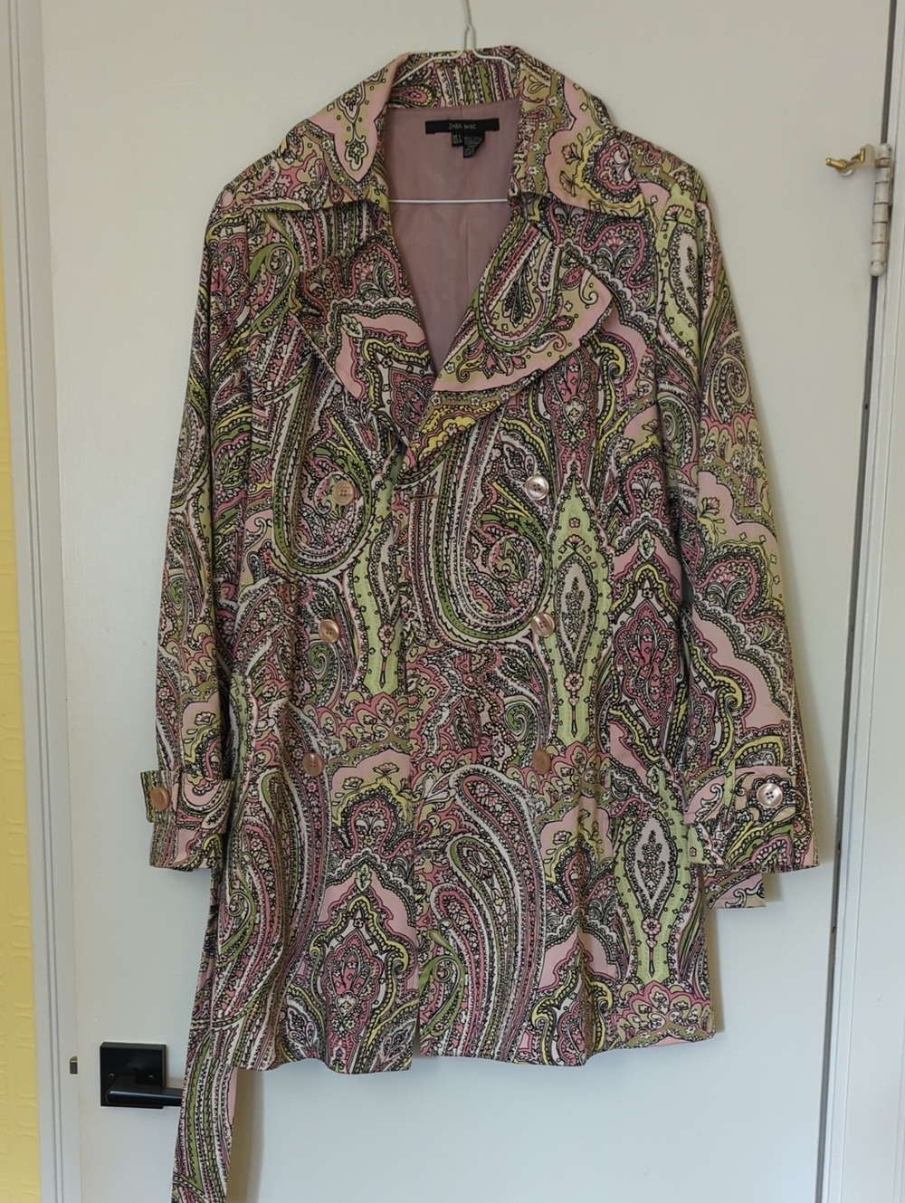 Zara Pink & Green Paisley Double-Breasted Trench Coat